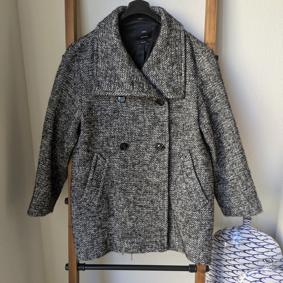 Mango Women's Mottled Double-Breasted Black & White Tweed Pea Coat - Picture 6 of 8